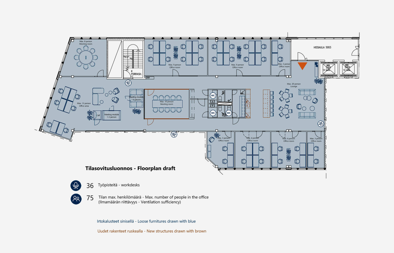 Tilasovitusluonnos 36 työpistettä.