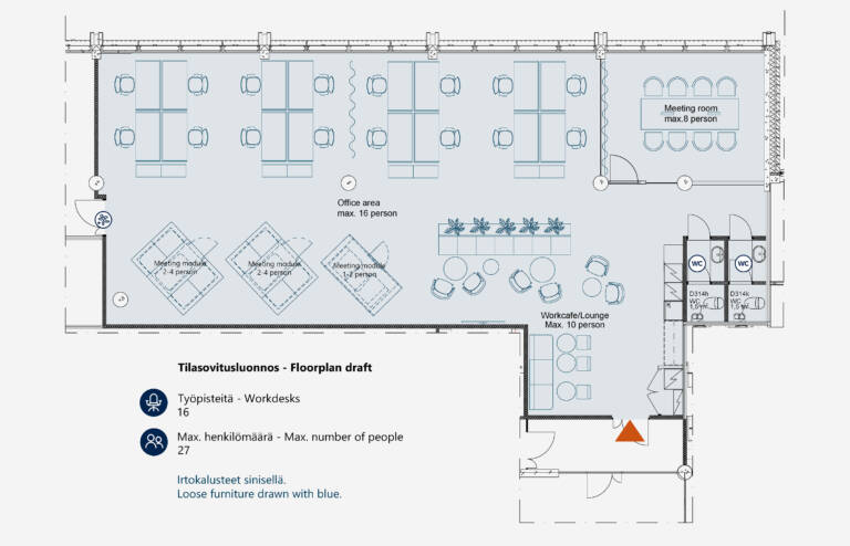 Tilasovitusluonnos 16 työpistettä.