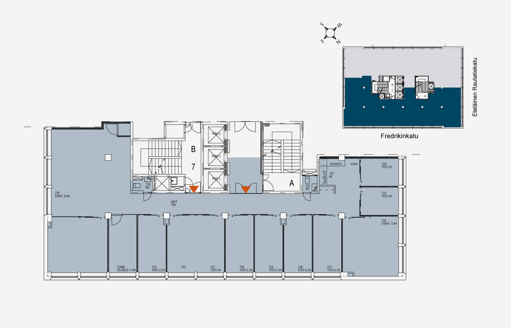 Helsingin Fredrikinkatu 48, toimisto 264m2 pohjakuva.